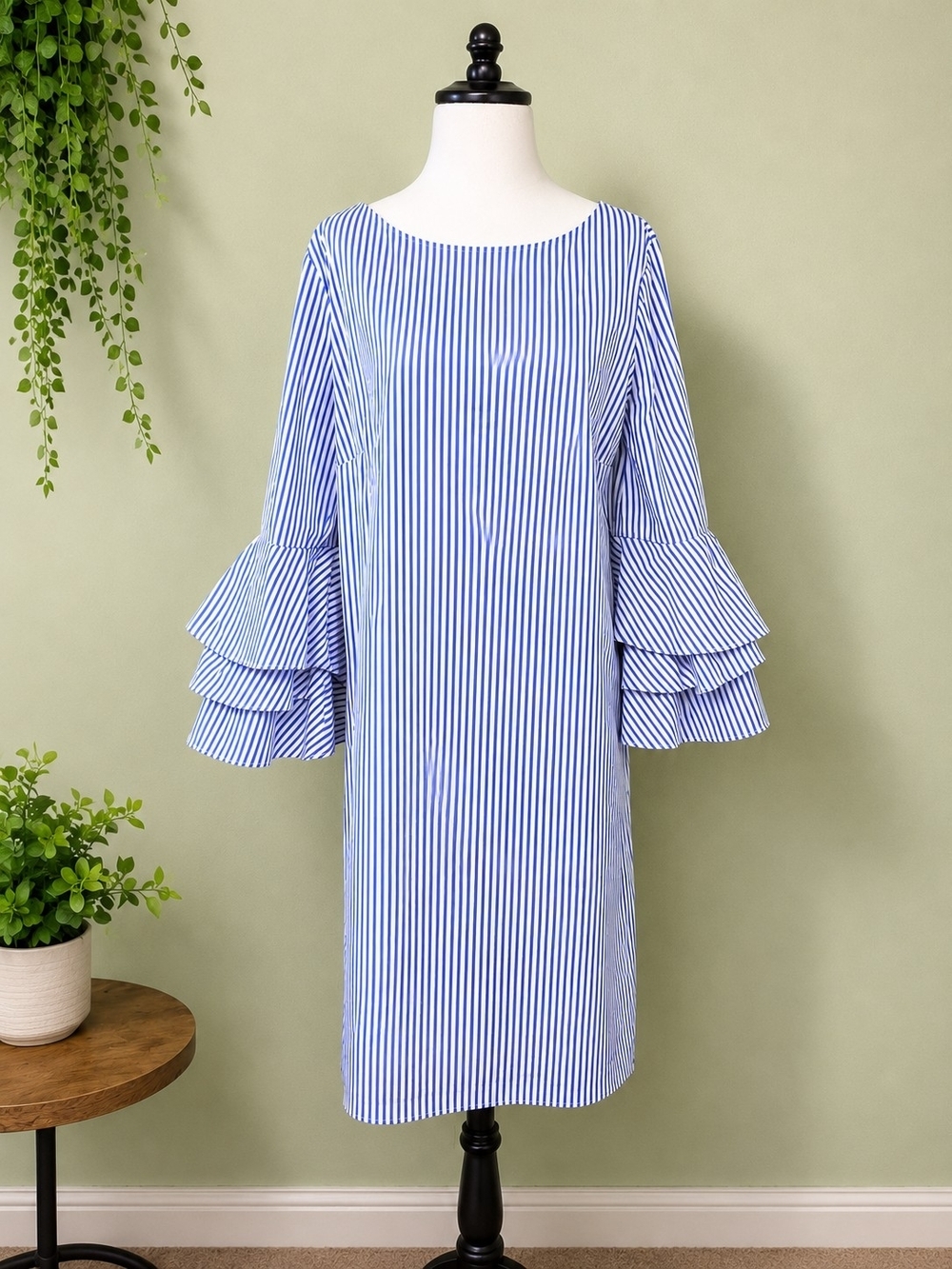 Chico's Blue White Striped Cotton Blend Ruffle Sleeve Shift Dress Size 1.5 10